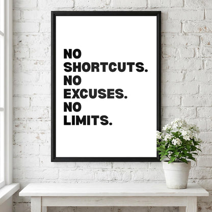 No Shortcuts No Excuses No Limits Inspirational Minimalist Poster | Discipline & Grit Wall Art | Motivational Office Print | Modern White Home Decor