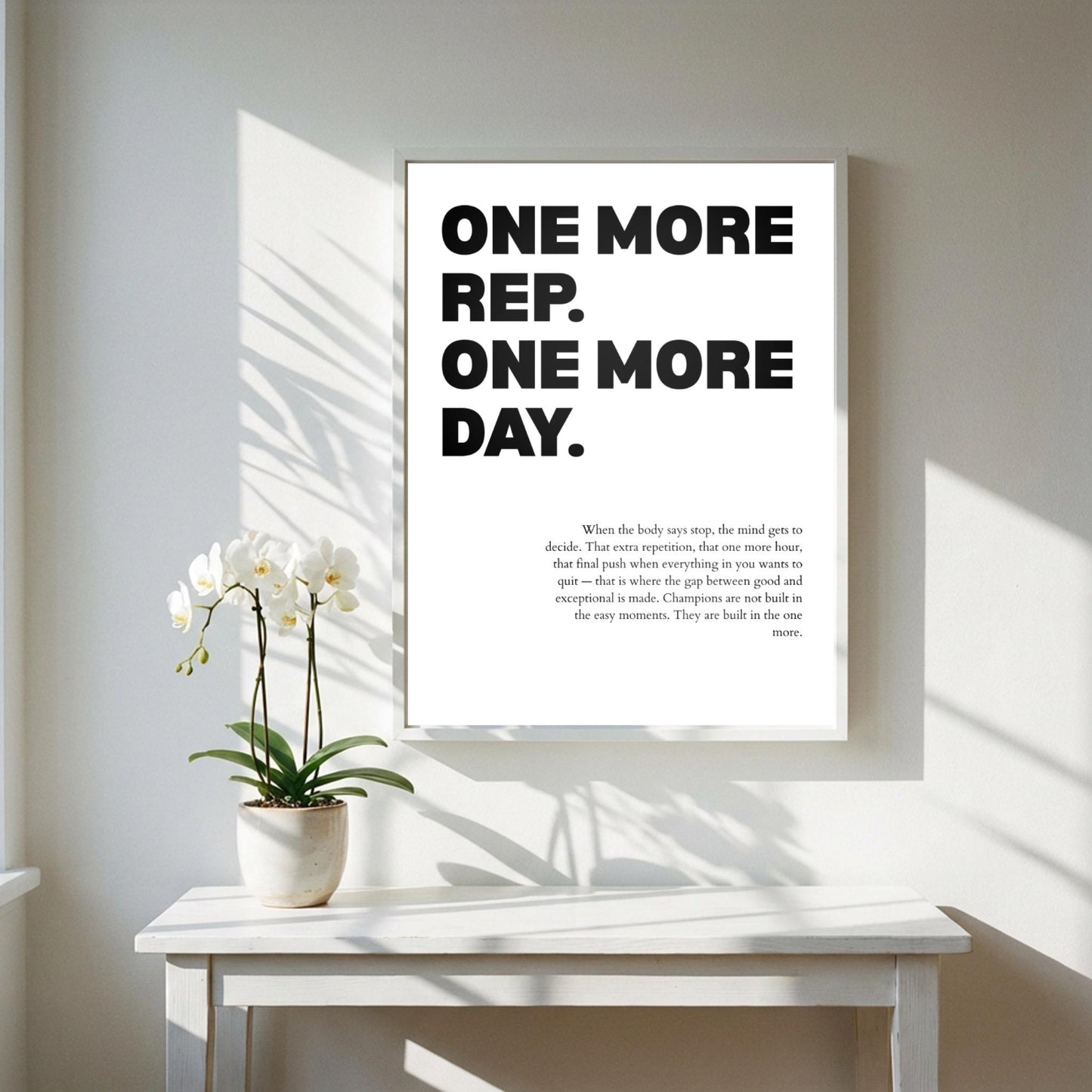One More Rep One More Day Inspirational Minimalist Poster | Persistence & Grit Wall Art | Motivational Office Print | Modern White Home Decor