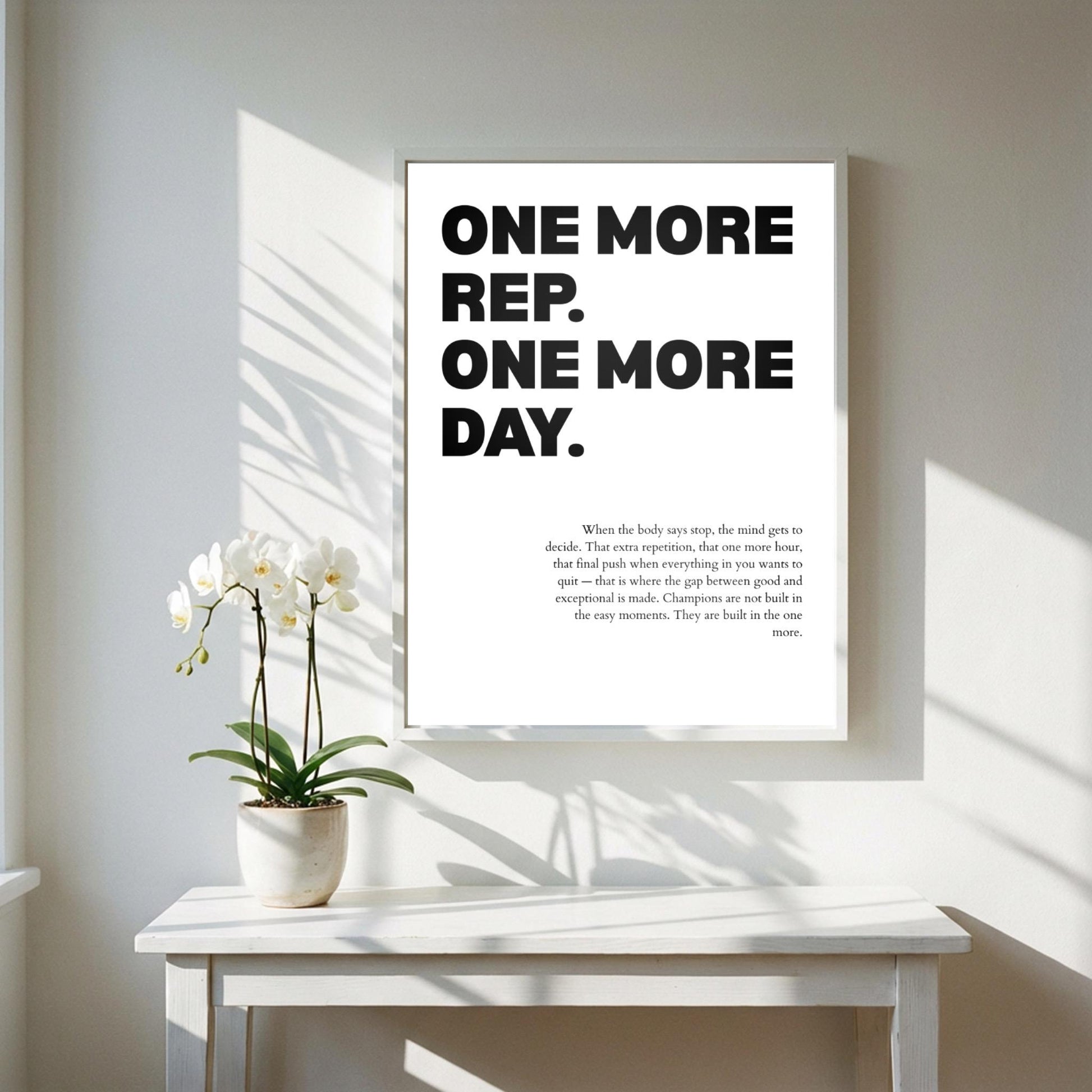 One More Rep One More Day Inspirational Minimalist Poster | Persistence & Grit Wall Art | Motivational Office Print | Modern White Home Decor