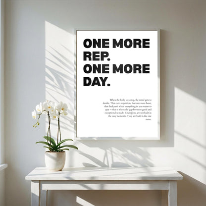 One More Rep One More Day Inspirational Minimalist Poster | Persistence & Grit Wall Art | Motivational Office Print | Modern White Home Decor
