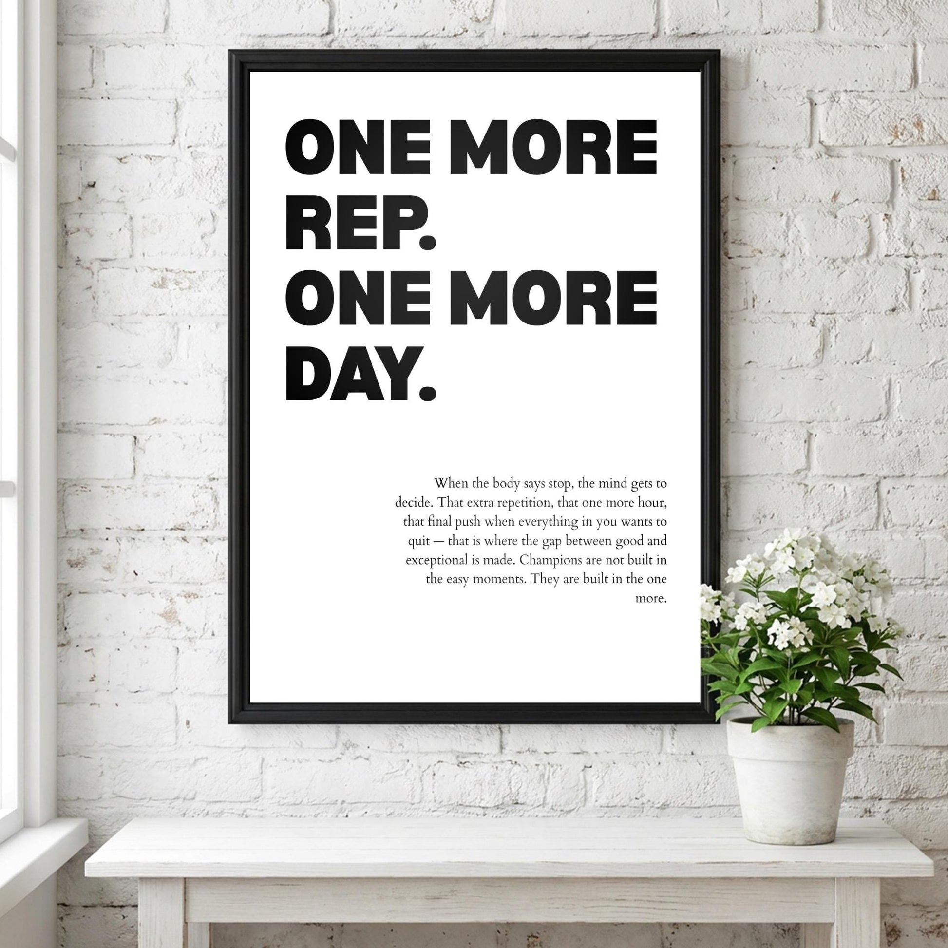 One More Rep One More Day Inspirational Minimalist Poster | Persistence & Grit Wall Art | Motivational Office Print | Modern White Home Decor