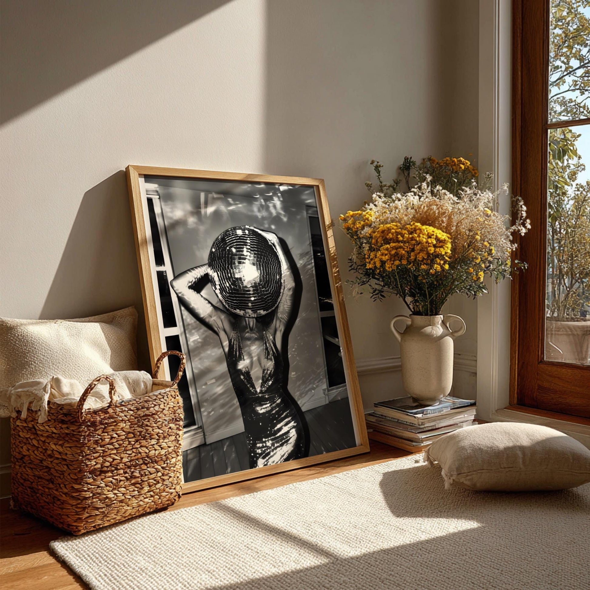 Surreal Disco Ball Woman Art Print, Black and White Retro Sequin Poster
