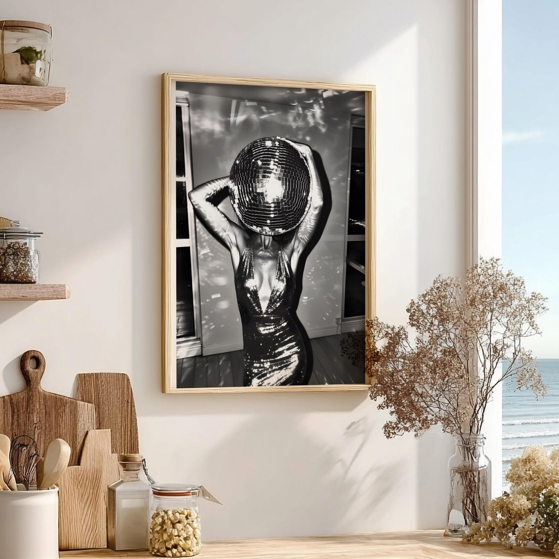 Surreal Disco Ball Woman Art Print, Black and White Retro Sequin Poster