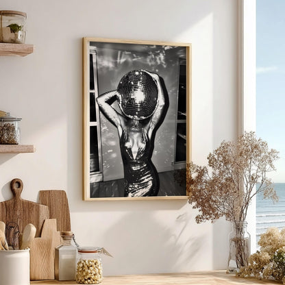 Surreal Disco Ball Woman Art Print, Black and White Retro Sequin Poster