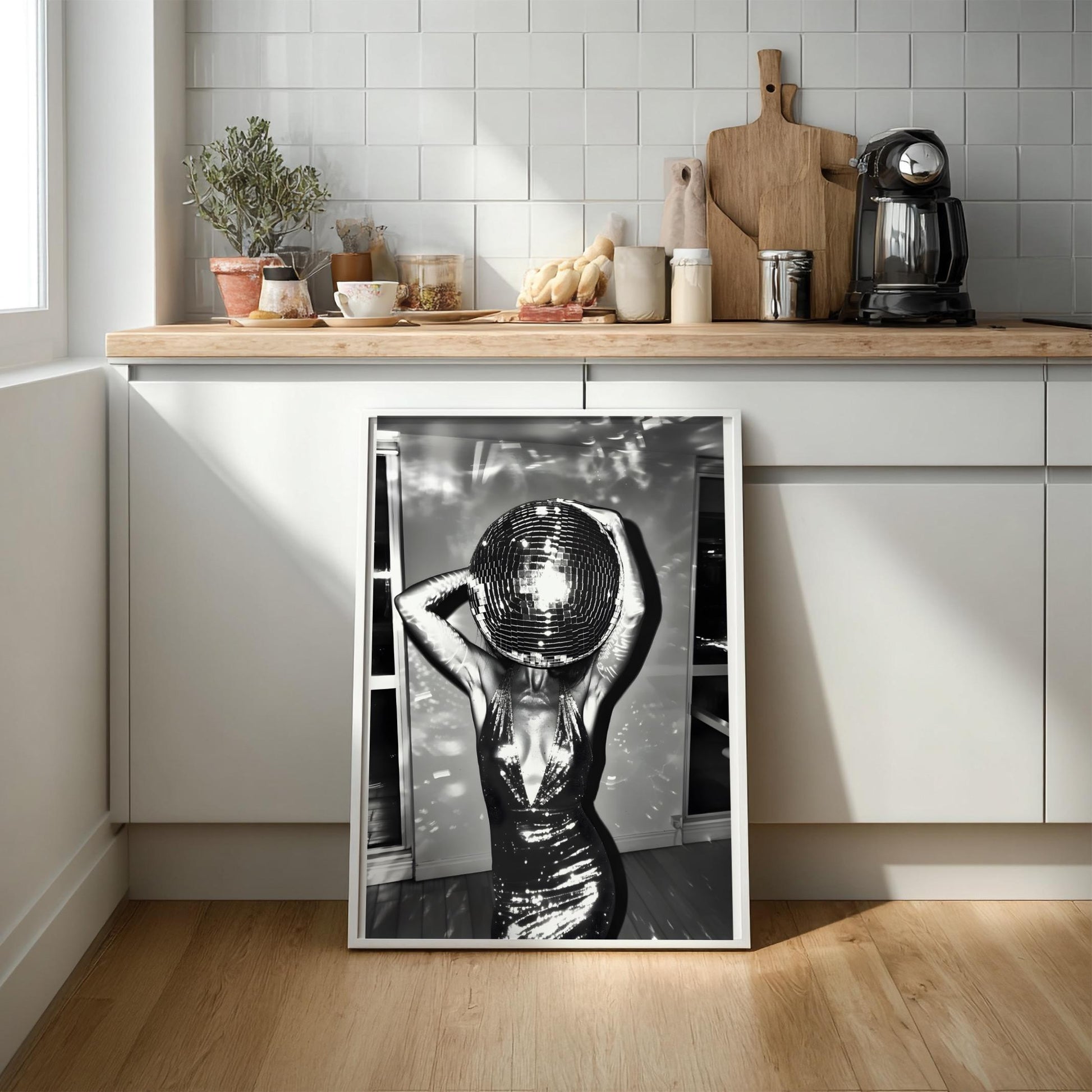 Surreal Disco Ball Woman Art Print, Black and White Retro Sequin Poster