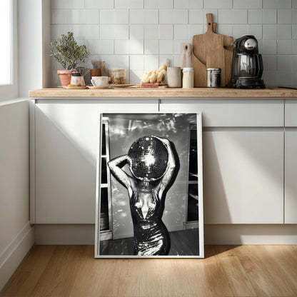 Surreal Disco Ball Woman Art Print, Black and White Retro Sequin Poster