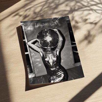 Surreal Disco Ball Woman Art Print, Black and White Retro Sequin Poster