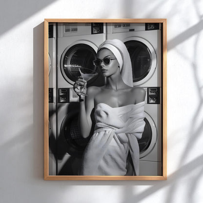 Vintage Laundromat Fashion Print, Black and White Martini Starlet Poster