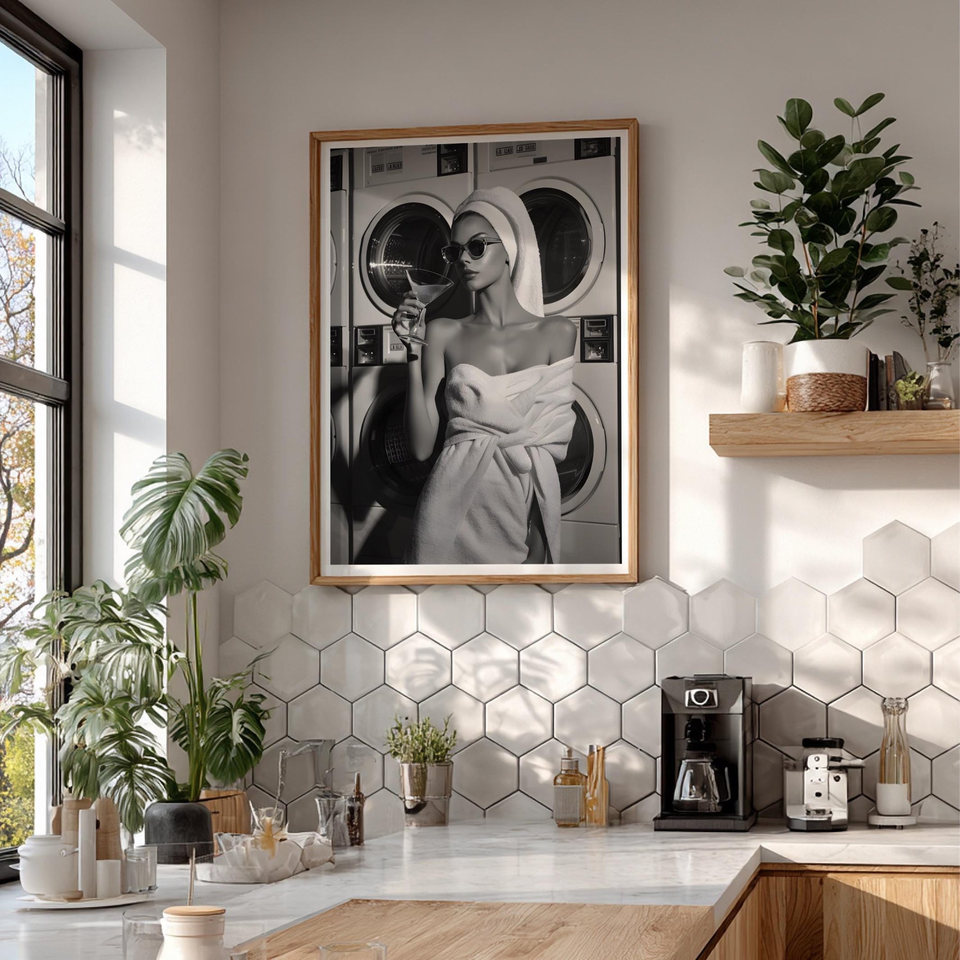 Vintage Laundromat Fashion Print, Black and White Martini Starlet Poster