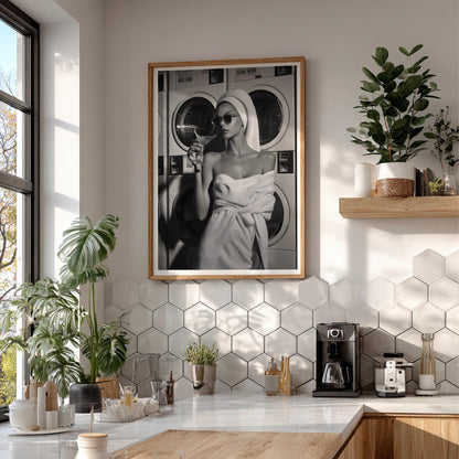 Vintage Laundromat Fashion Print, Black and White Martini Starlet Poster