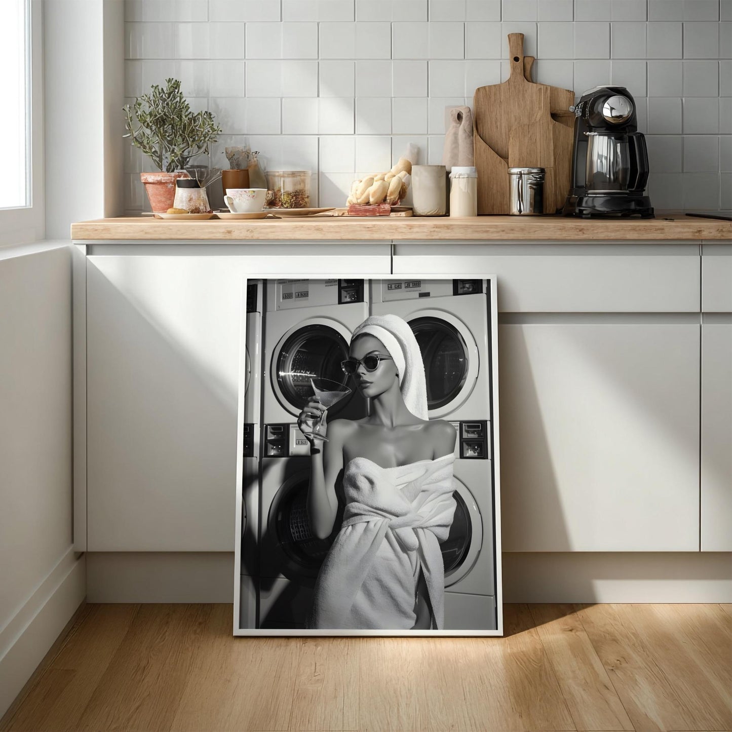Vintage Laundromat Fashion Print, Black and White Martini Starlet Poster