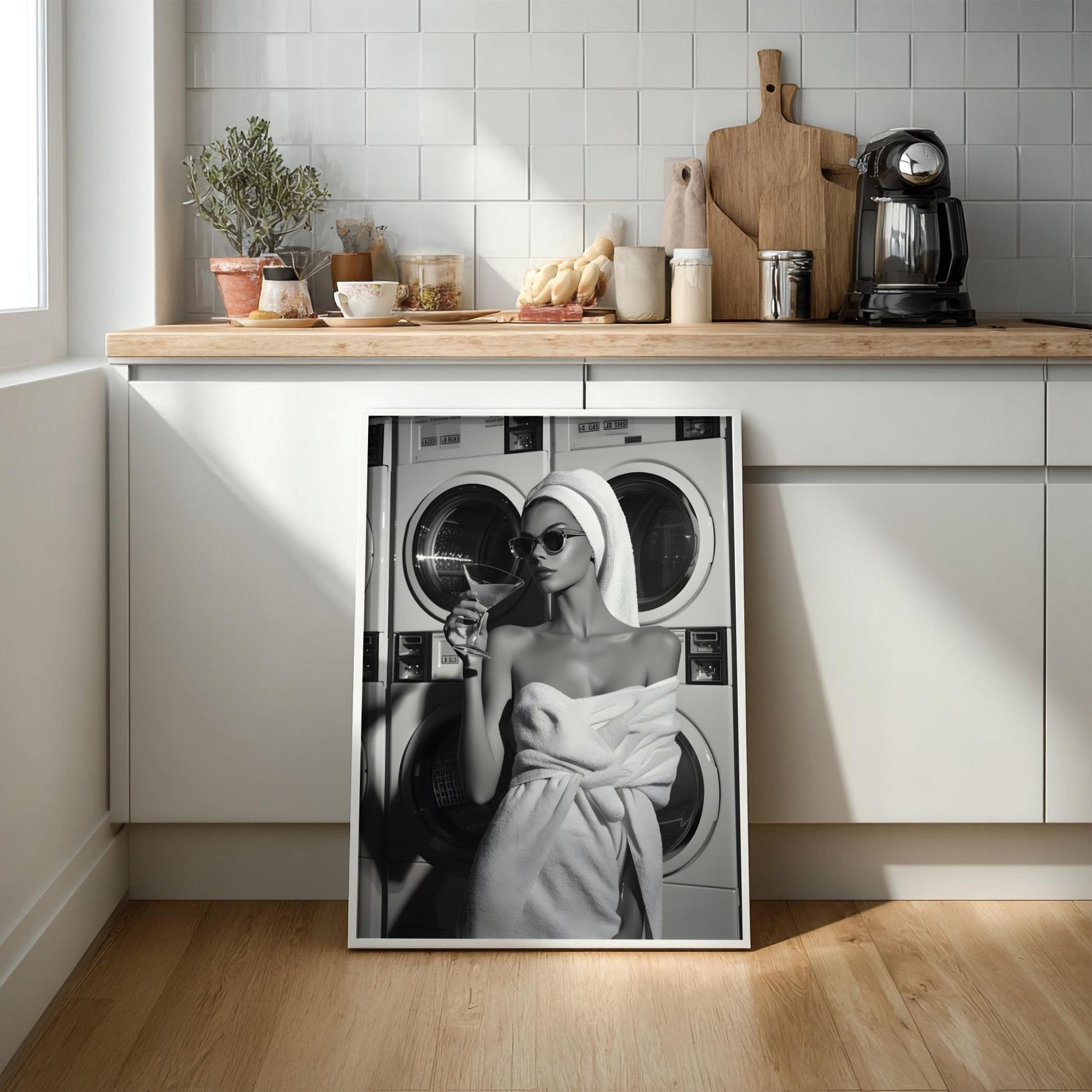 Vintage Laundromat Fashion Print, Black and White Martini Starlet Poster