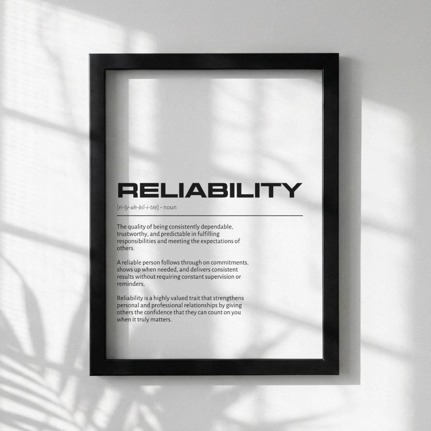 Reliability Definition Minimalist Poster | Inspirational Quotes Wall Art | Motivational Office Print | Modern Dictionary Home Decor White