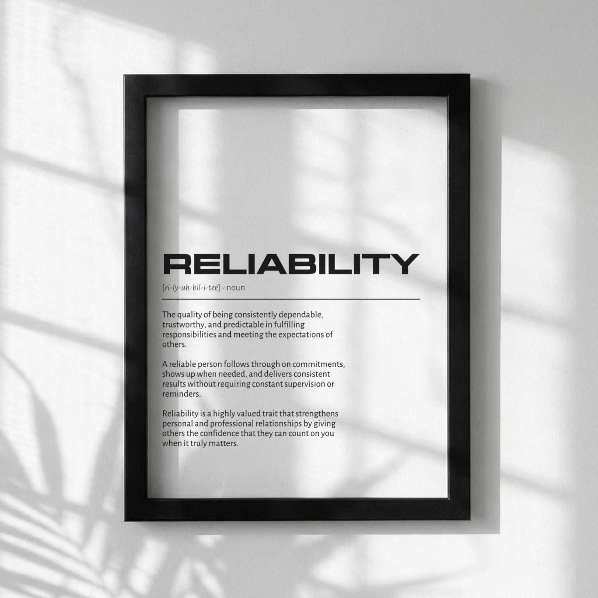 Reliability Definition Minimalist Poster | Inspirational Quotes Wall Art | Motivational Office Print | Modern Dictionary Home Decor White