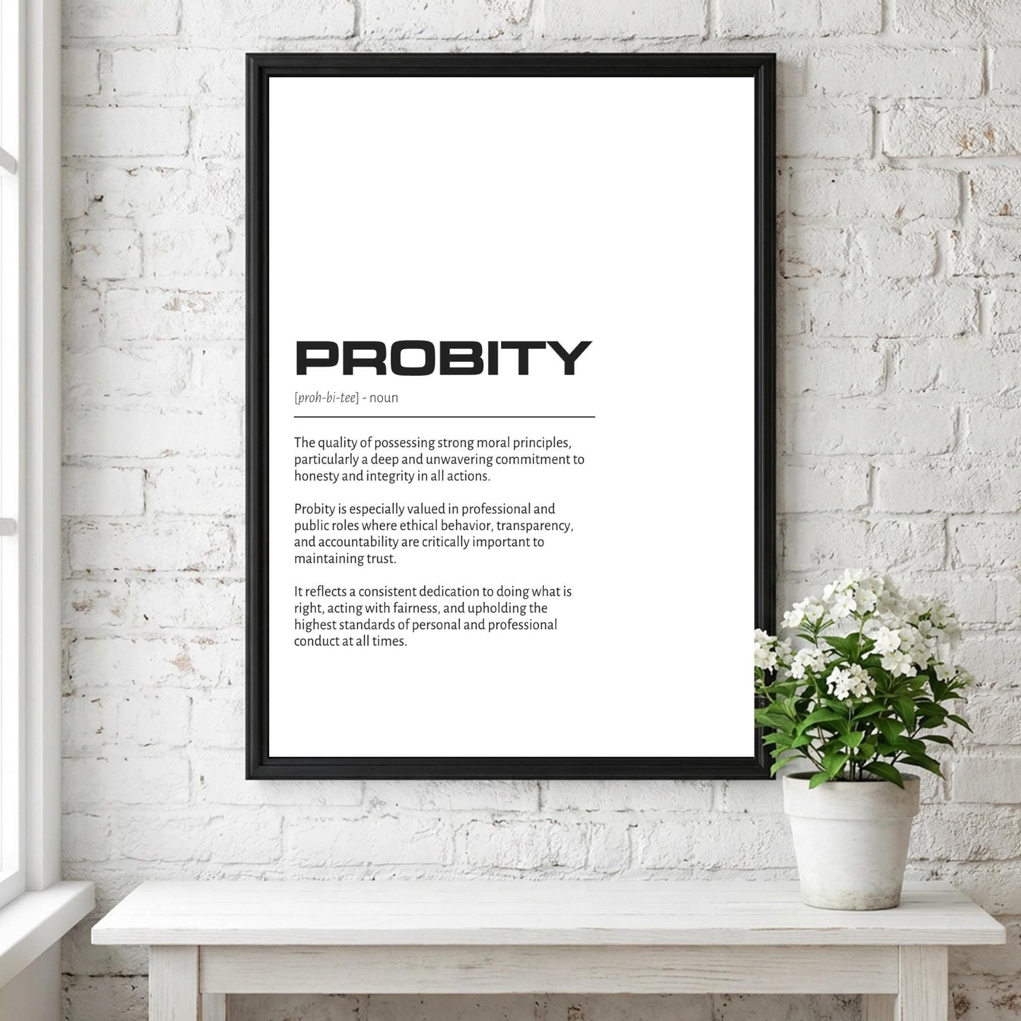 Probity Definition Minimalist Poster | Inspirational Quotes Wall Art | Motivational Office Print | Modern Dictionary Home Decor White