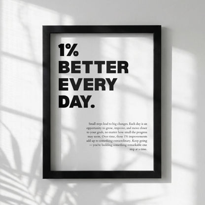1% Better Every Day Inspirational Minimalist Poster | Growth Mindset Wall Art | Motivational Office Print | Modern Home Decor White