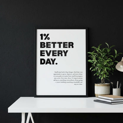 1% Better Every Day Inspirational Minimalist Poster | Growth Mindset Wall Art | Motivational Office Print | Modern Home Decor White