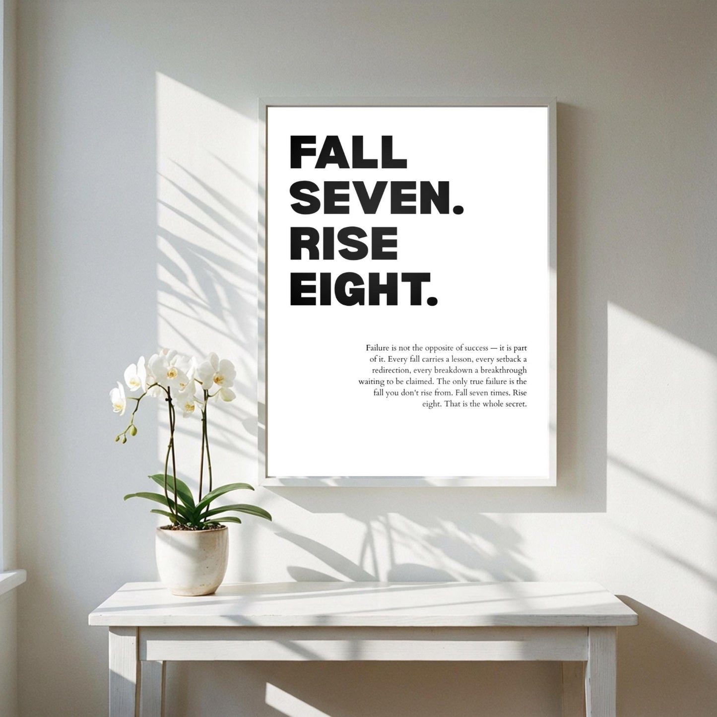 Fall Seven Rise Eight" Inspirational Resilience Poster | Minimalist Persistence Quote | Grit & Momentum Wall Art | Modern White Office Decor