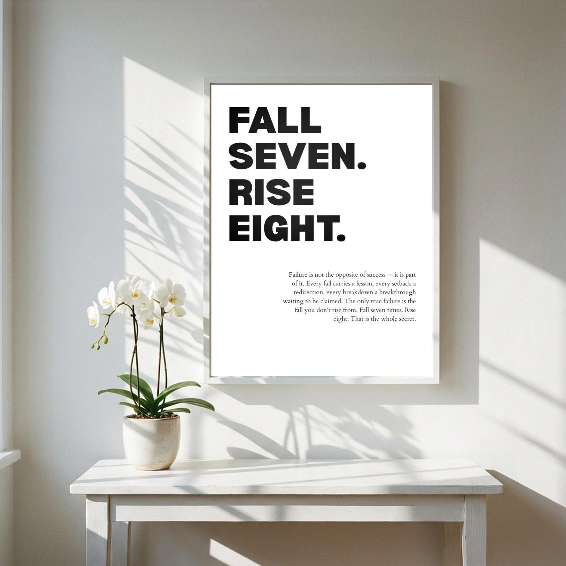 Fall Seven Rise Eight" Inspirational Resilience Poster | Minimalist Persistence Quote | Grit & Momentum Wall Art | Modern White Office Decor