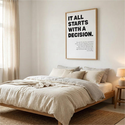 It All Starts With A Decision Inspirational Minimalist Poster | Action & Momentum Wall Art | Motivational Office Print | Modern White Home Decor