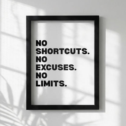 No Shortcuts No Excuses No Limits Inspirational Minimalist Poster | Discipline & Grit Wall Art | Motivational Office Print | Modern White Home Decor