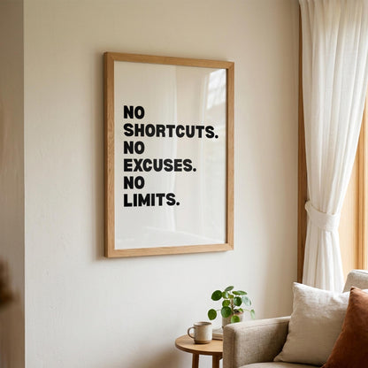 No Shortcuts No Excuses No Limits Inspirational Minimalist Poster | Discipline & Grit Wall Art | Motivational Office Print | Modern White Home Decor