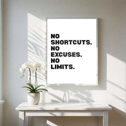 No Shortcuts No Excuses No Limits Inspirational Minimalist Poster | Discipline & Grit Wall Art | Motivational Office Print | Modern White Home Decor