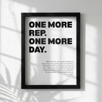 One More Rep One More Day Inspirational Minimalist Poster | Persistence & Grit Wall Art | Motivational Office Print | Modern White Home Decor