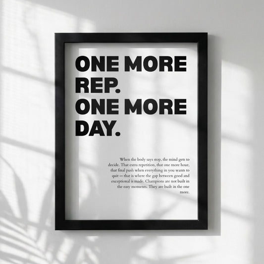One More Rep One More Day Inspirational Minimalist Poster | Persistence & Grit Wall Art | Motivational Office Print | Modern White Home Decor