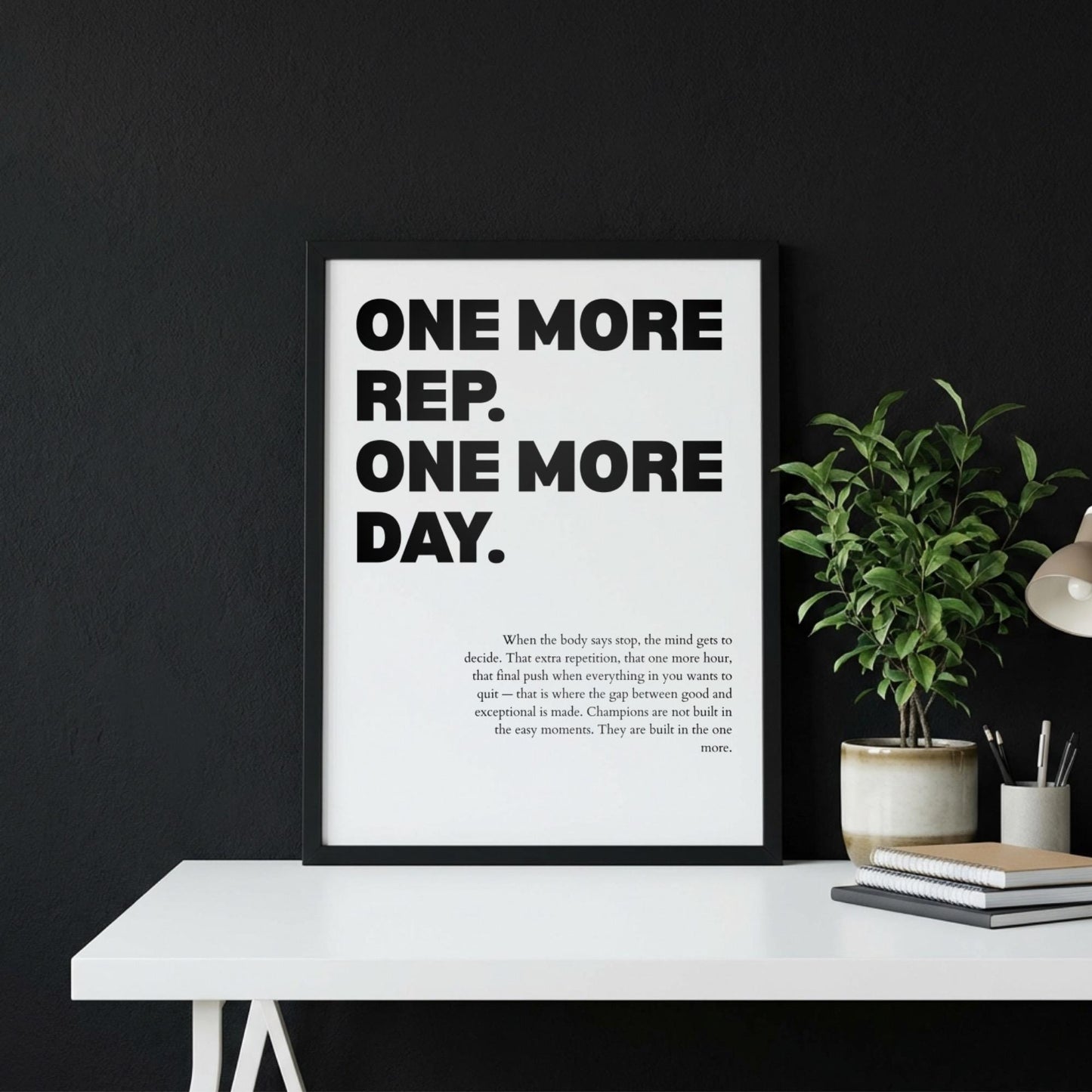 One More Rep One More Day Inspirational Minimalist Poster | Persistence & Grit Wall Art | Motivational Office Print | Modern White Home Decor