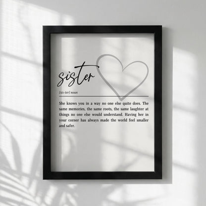 Sister Definition Print | Heart Wall Art | Meaningful Sister Gift | Minimalist Typography Quote