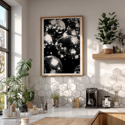 Surreal Disco Ball Woman Art Print, Retro Red Velvet Party Poster