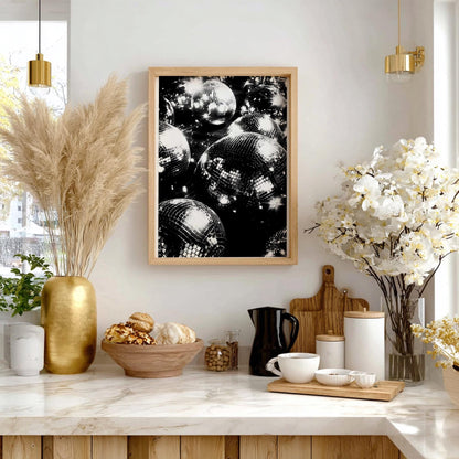 Surreal Disco Ball Woman Art Print, Retro Red Velvet Party Poster