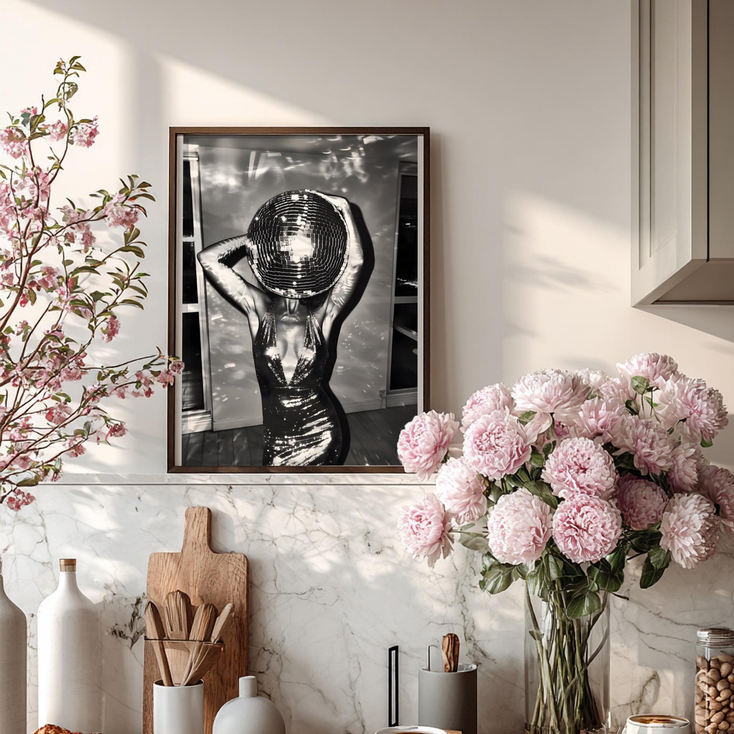 Surreal Disco Ball Woman Art Print, Black and White Retro Sequin Poster