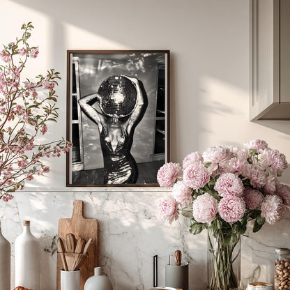 Surreal Disco Ball Woman Art Print, Black and White Retro Sequin Poster