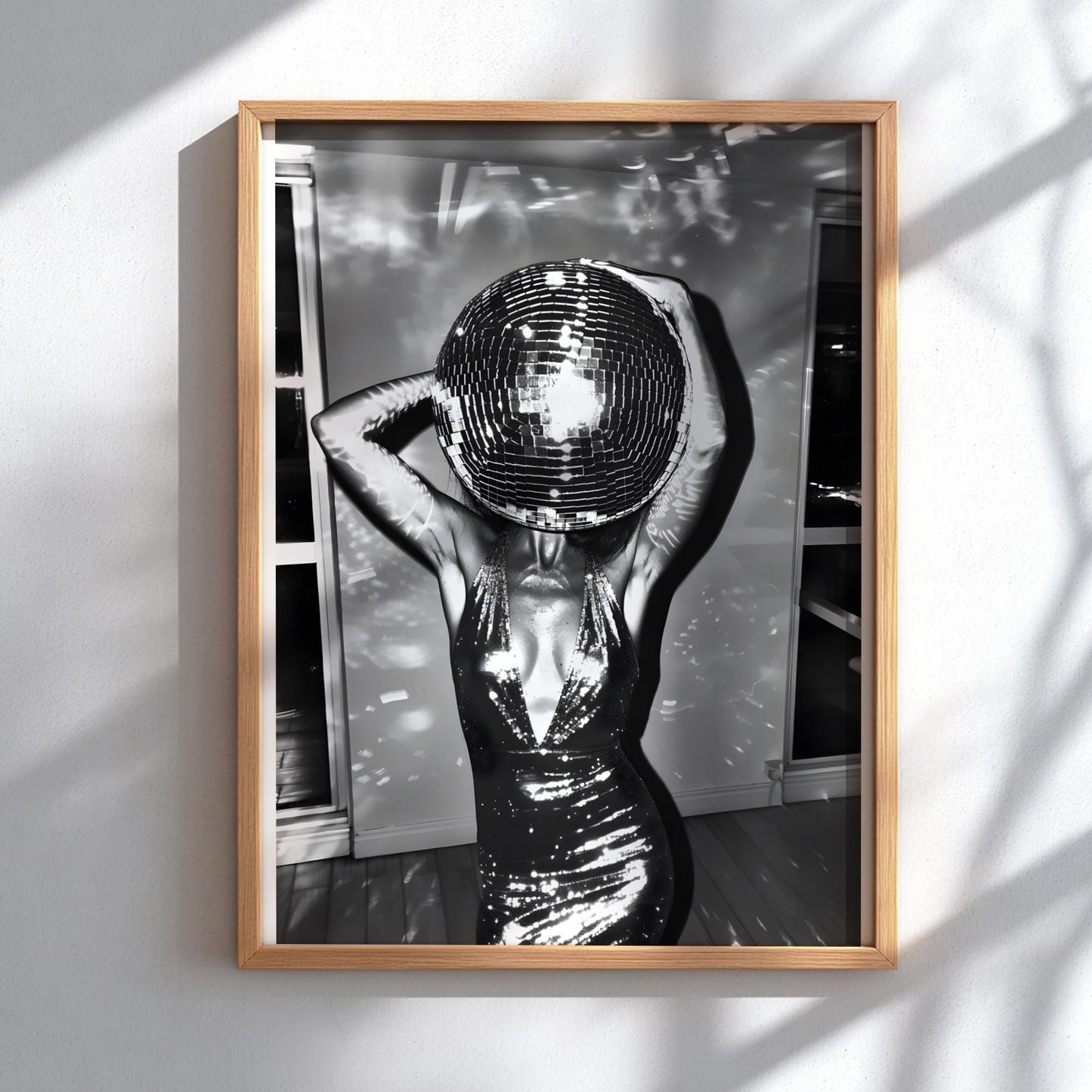 Surreal Disco Ball Woman Art Print, Black and White Retro Sequin Poster