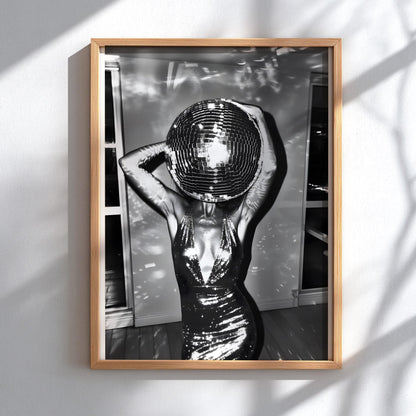 Surreal Disco Ball Woman Art Print, Black and White Retro Sequin Poster