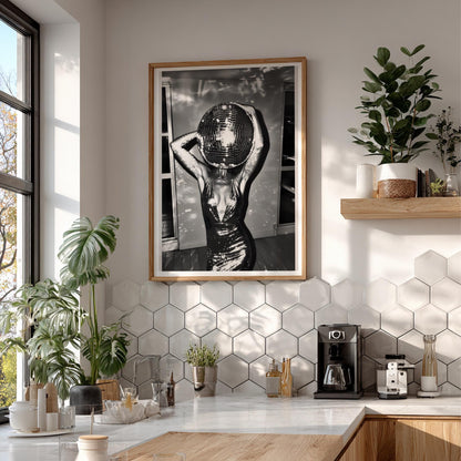 Surreal Disco Ball Woman Art Print, Black and White Retro Sequin Poster
