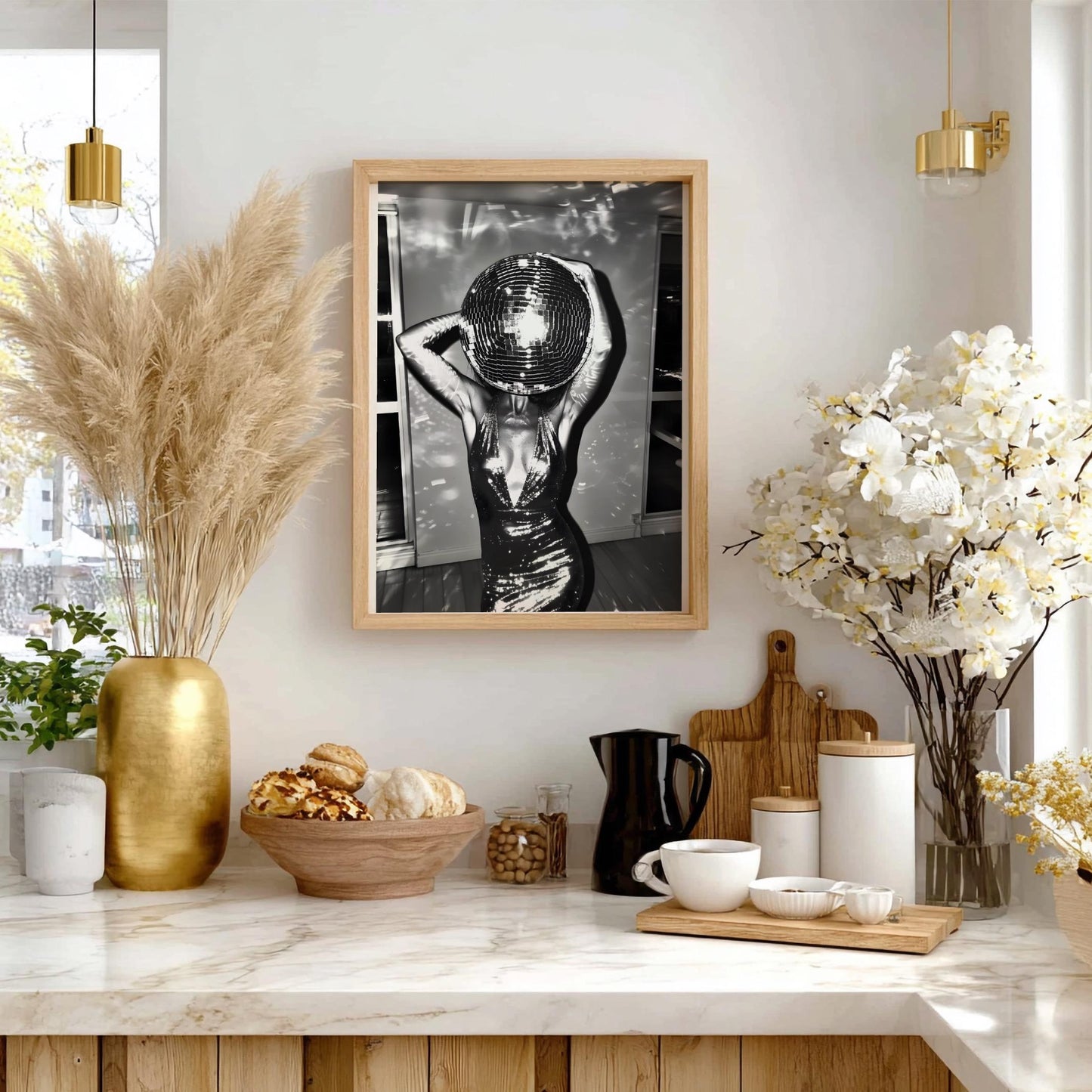 Surreal Disco Ball Woman Art Print, Black and White Retro Sequin Poster