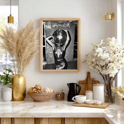 Surreal Disco Ball Woman Art Print, Black and White Retro Sequin Poster