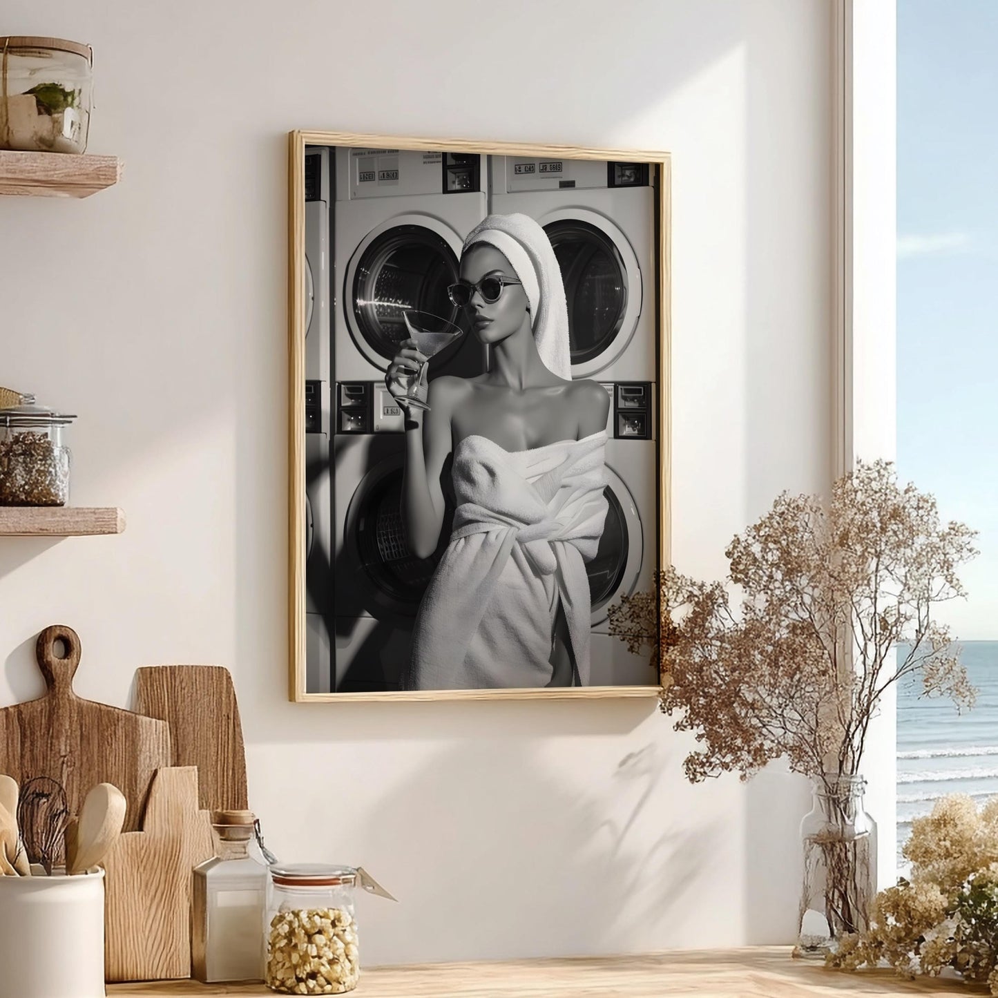 Vintage Laundromat Fashion Print, Black and White Martini Starlet Poster