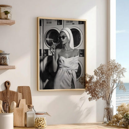 Vintage Laundromat Fashion Print, Black and White Martini Starlet Poster
