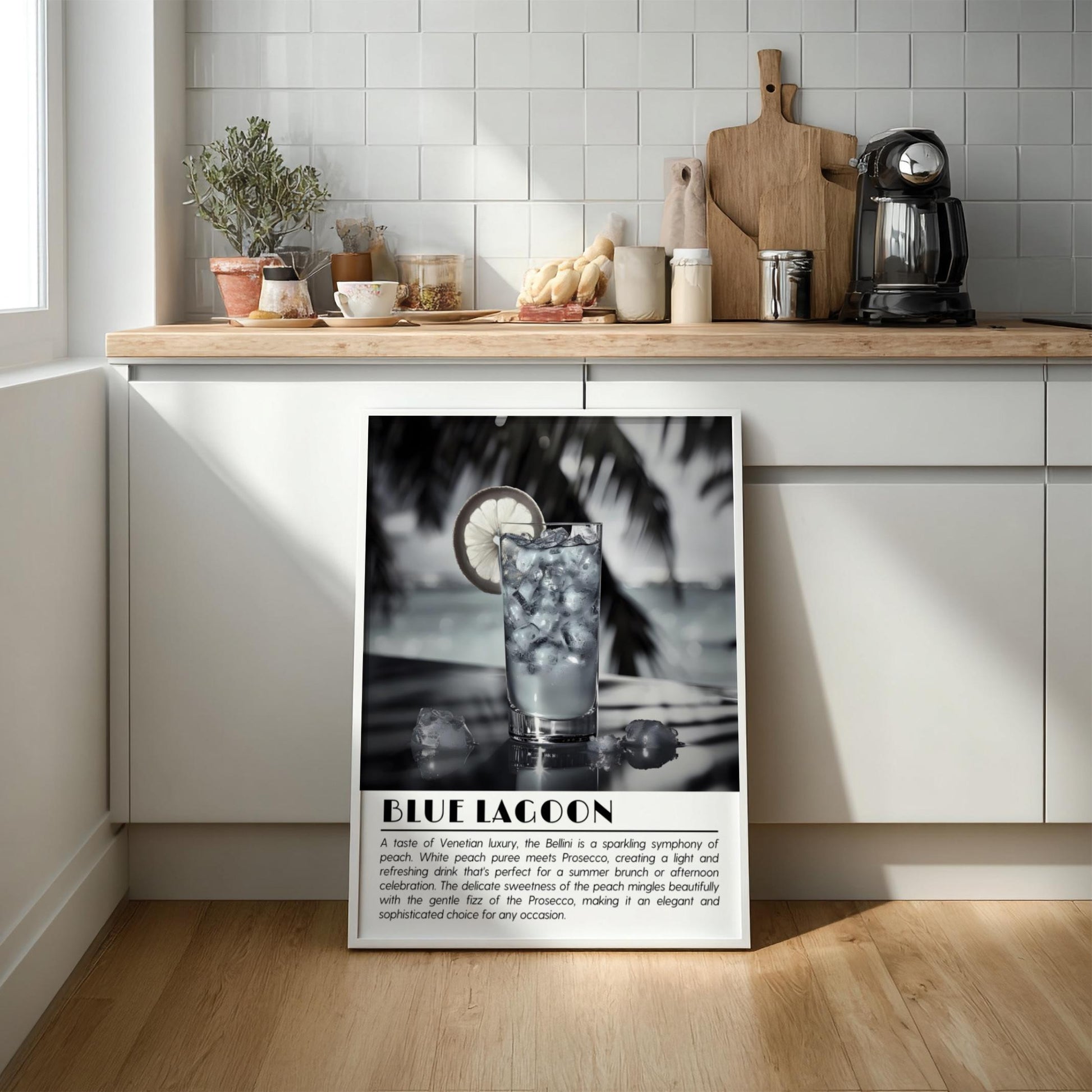Blue Lagoon Black & White Poster | Minimalist Cocktail Wall Art | Modern Bar Decor | Tropical Drink Print | Kitchen Wall Art
