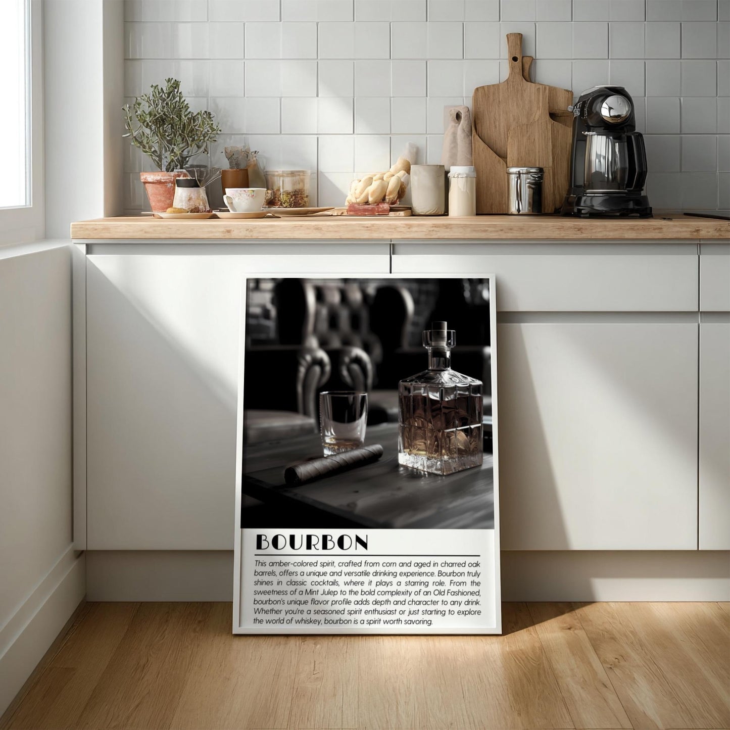 Bourbon Black & White Poster | Minimalist Whiskey Wall Art | Modern Bar Decor | Classic Drink Print | Kitchen Wall Art