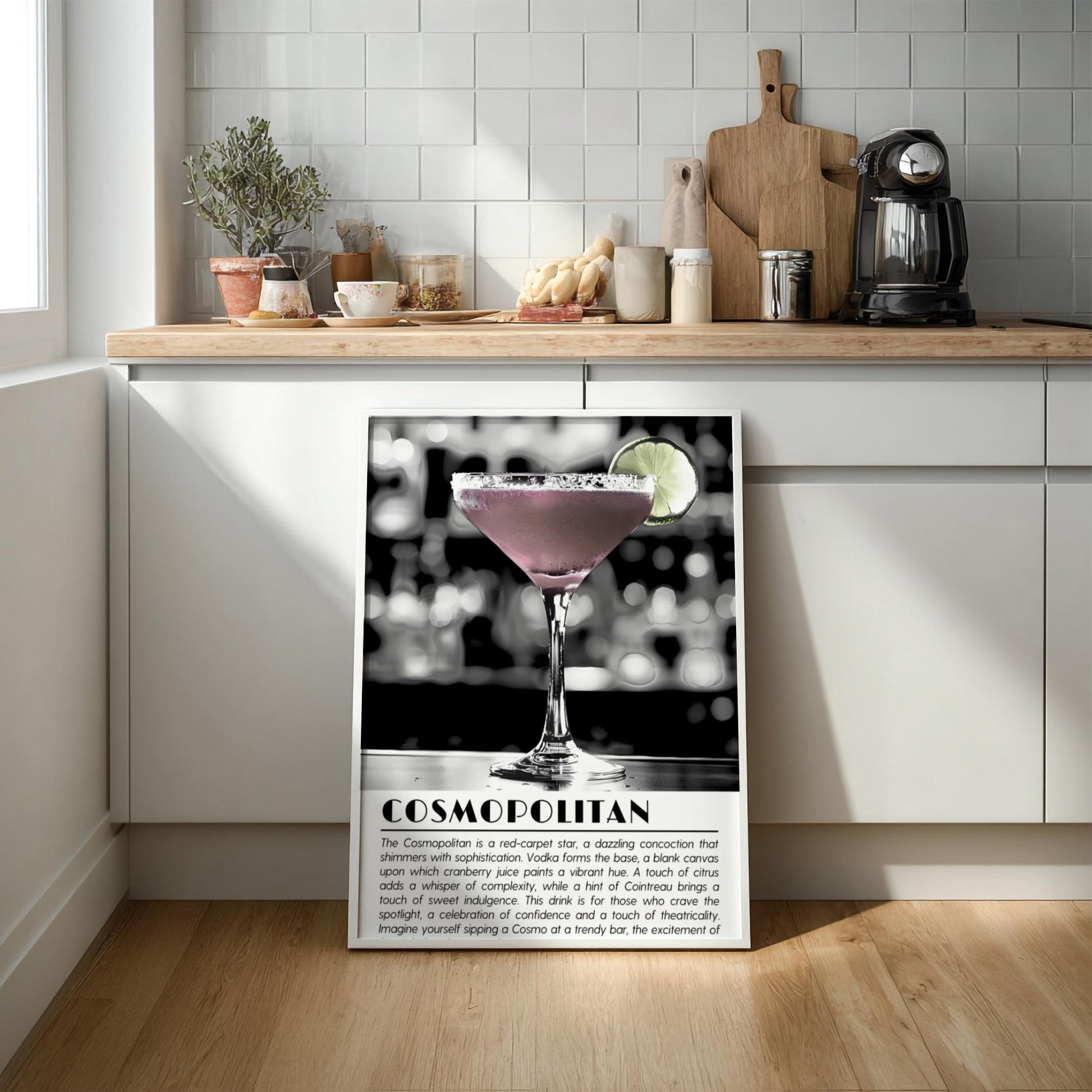 Cosmopolitan Black & White Art Print | Minimal Drink Illustration Poster | Modern Bar Wall Decor | Elegant Cocktail Design