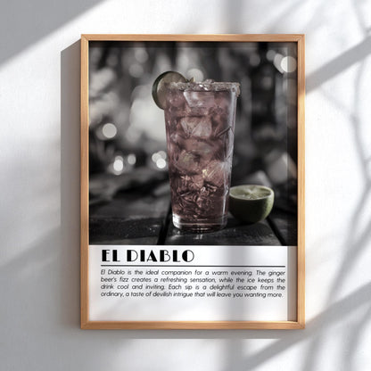 El Diablo Black & White Poster | Minimalist Cocktail Wall Art | Modern Bar Decor | Classic Drink Print | Kitchen Wall Art