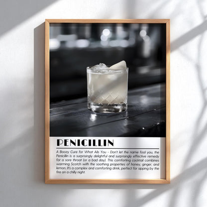 Penicillin 2 Black & White Poster | Minimalist Cocktail Wall Art | Modern Bar Decor | Bold Drink Print | Kitchen Wall Art