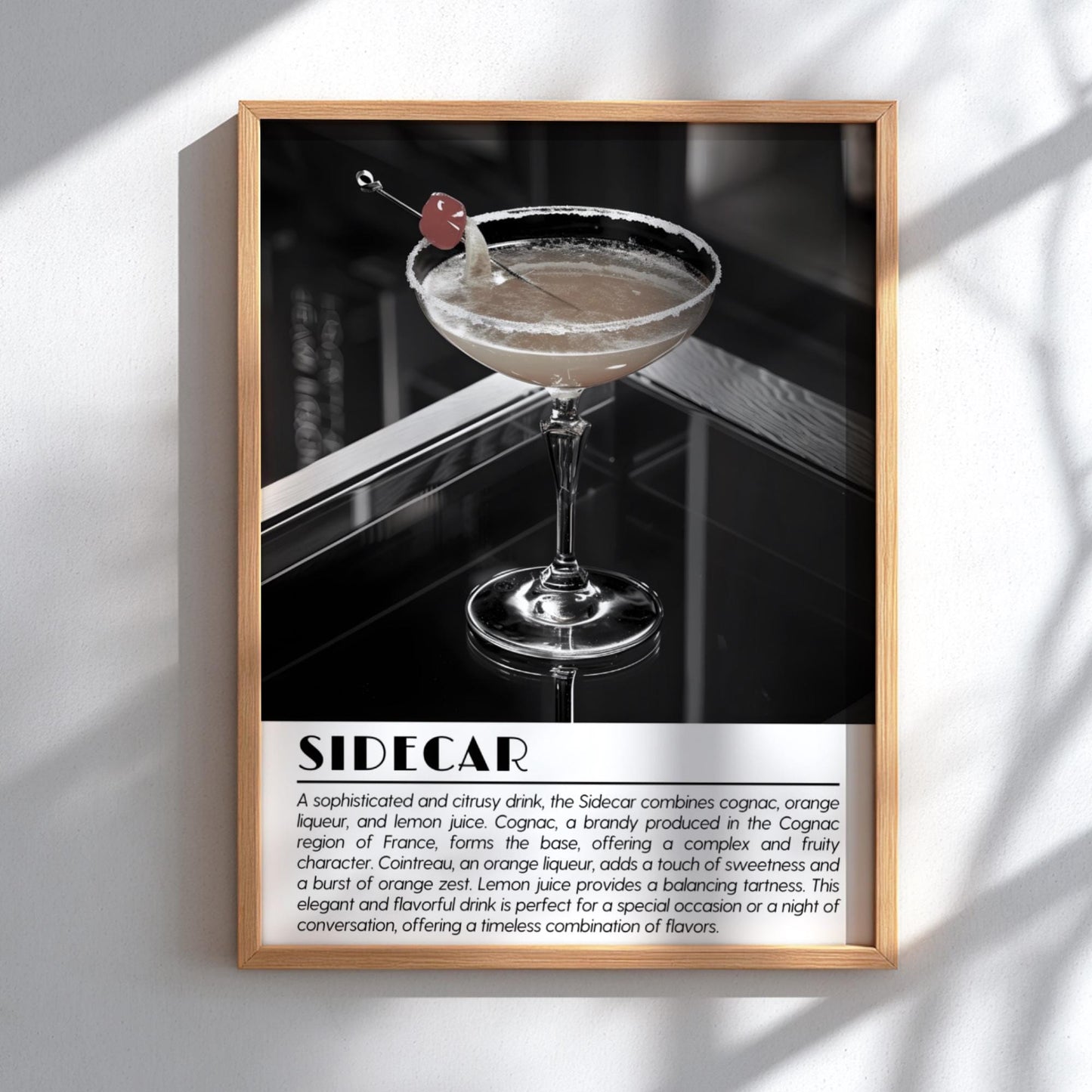 Sidecar Noir Black & White Poster | Minimalist Cocktail Wall Art | Modern Bar Decor | Bold Drink Print | Kitchen Wall Art
