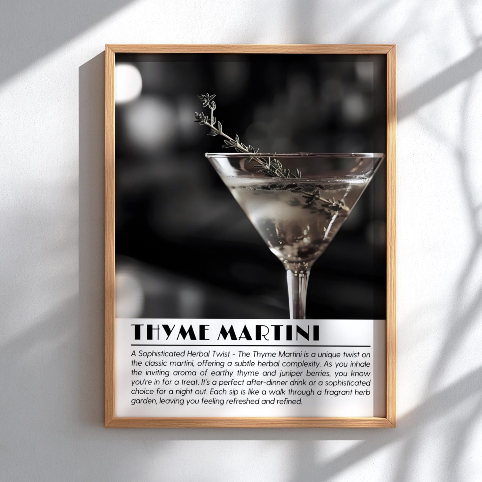Thyme Martini Botanical Black & White Poster | Minimalist Cocktail Wall Art | Modern Bar Decor | Elegant Drink Print | Kitchen Art