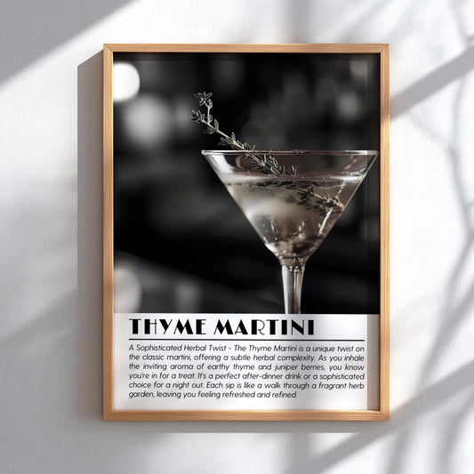 Thyme Martini Botanical Black & White Poster | Minimalist Cocktail Wall Art | Modern Bar Decor | Elegant Drink Print | Kitchen Art